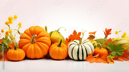 Autumn decoration on white with copy space. Fall, halloween, thanksgiving,Autumn Gourd Arrangement

