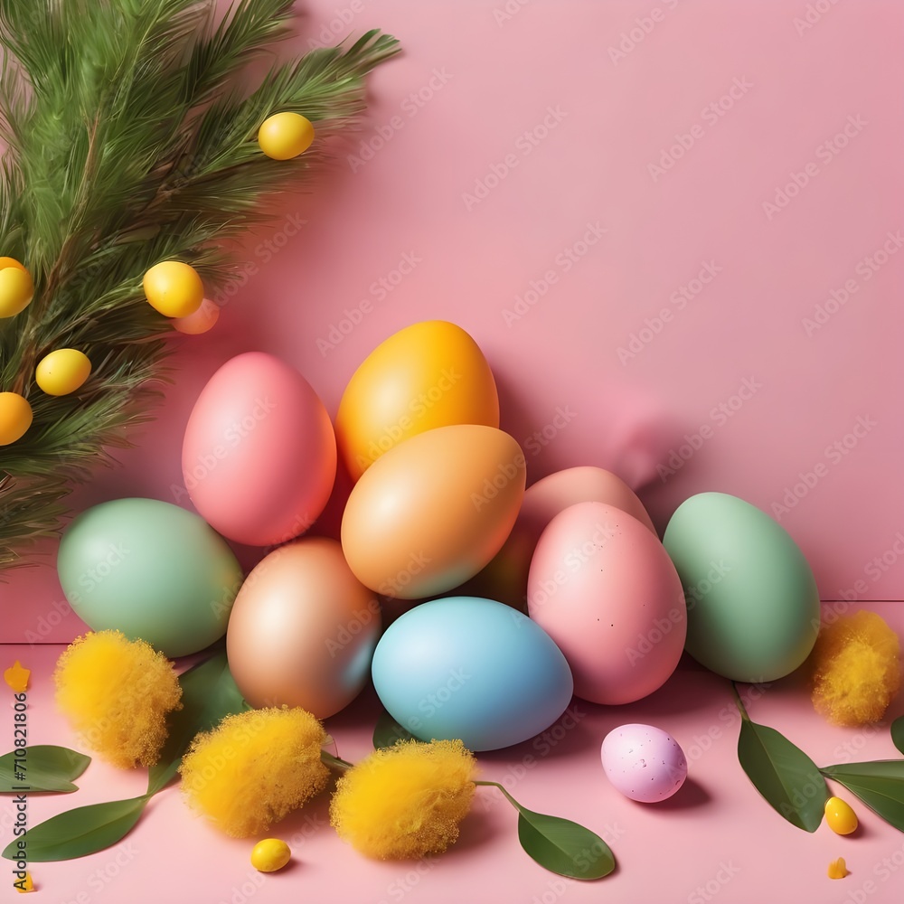 Easter eggs, bunch of yellow tulips and mimosa branch on yellow background. Beautiful spring background with place for text. Vetor illustration Easter eggs, bunch of yellow tulips and mimosa branch on yellow background. Beautiful spring background with place for text. Vetor illustration