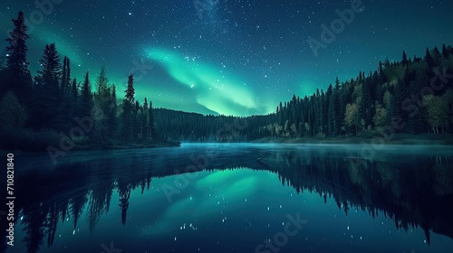 Northern lights over lake in the forest. Night landscape with aurora borealis.