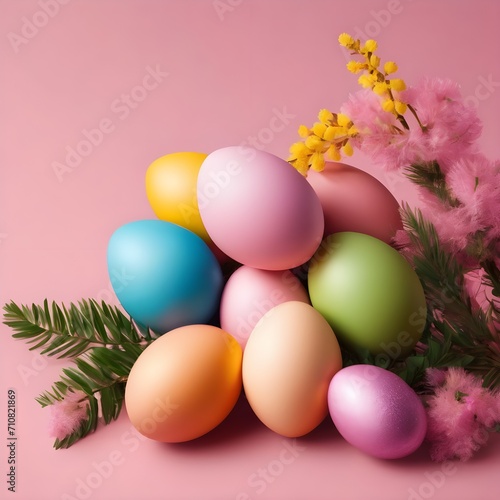 Easter eggs, bunch of yellow tulips and mimosa branch on yellow background. Beautiful spring background with place for text. Vetor illustration