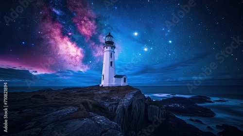 Lighthouse at night with starry sky and milky way.