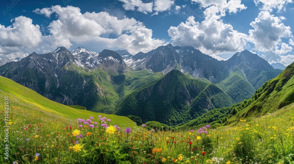 Mountain meadow with flowers in the summer. Caucasus Mountains, Georgia.