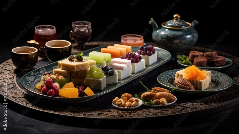 a platter of assorted cheeses, nuts, and fruit sits on a table next to a teapot. a platter of assorted cheeses, nuts, and fruit sits on a table next to a teapot.
