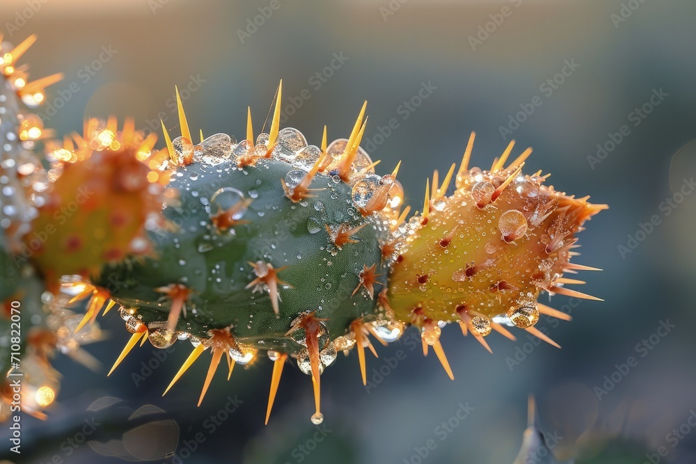 Prickly pear cactus with dew drops close up. Prickly pear cactus with dew drops close up.