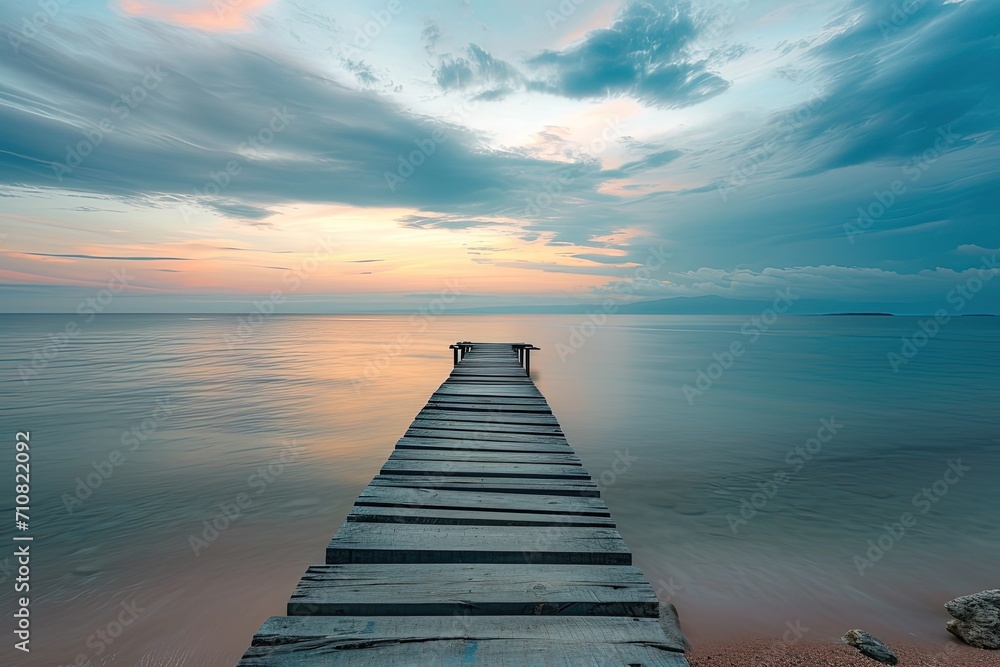 Wooden pier on the sea at sunset. Long exposure photography.