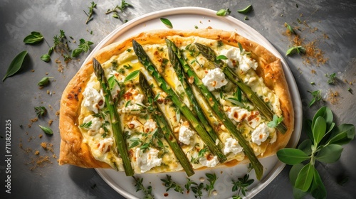  a pizza with asparagus and feta cheese on a white plate on a gray surface with a leafy green garnish.