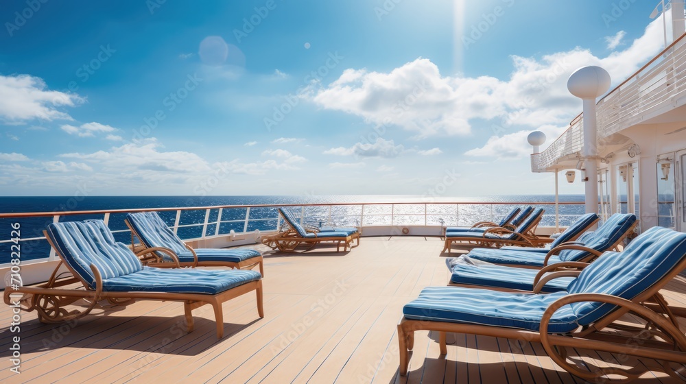 Relaxing cruise vacation with lounge chairs on ship deck. Luxury travel. Relaxing cruise vacation with lounge chairs on ship deck. Luxury travel.