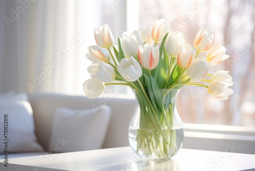 Bouquet of white tulips in a vase in a bright morning interior