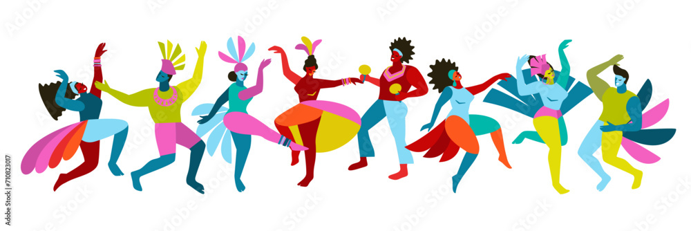 Vector isolated abstract illustrations of funny dancing men and women in bright costumes. Brazil carnival. Design elements for carnival concept and other