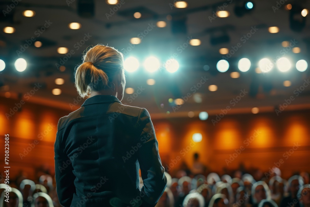 Fototapeta premium Imagine a dynamic tech conference stage with a successful female motivational speaker The speaker engages the audience confidently,