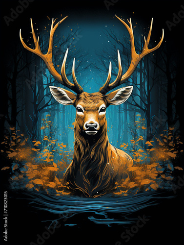 t-shirt design, (deer) in the water with trees, in the style of vibrant illustrations created with Generative Ai © Andrii Yablonskyi