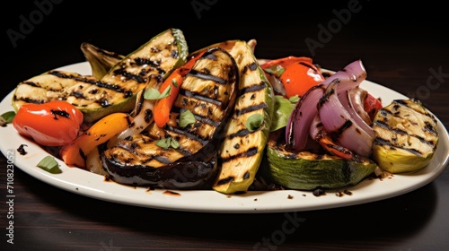  a white plate topped with grilled vegetables on top of a wooden table next to a bottle of ketchup.