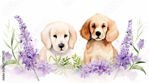 Dogs and carnations, Cartoon drawing, Water color style, AI Generated