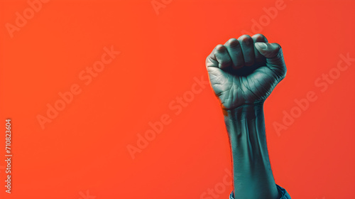 African American activist symbolizes unity against racism by raising his hands and fists to protest discrimination. Banner for black rights and Black History Month. photo