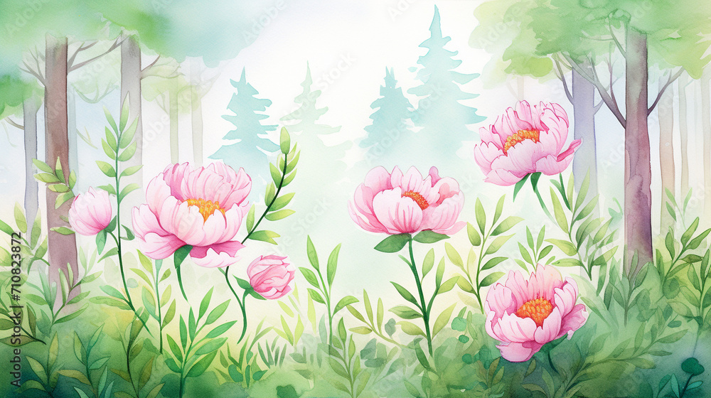 Forest and peonies, Cartoon drawing, Water color style, AI Generated