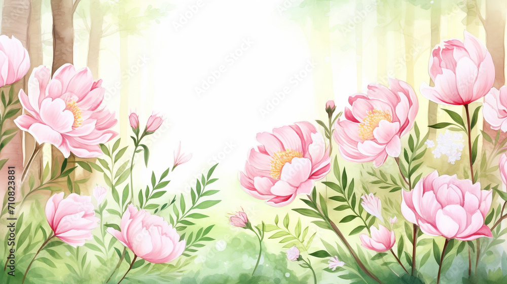 Forest and peonies, Cartoon drawing, Water color style, AI Generated