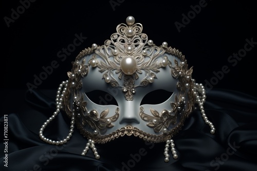 A carnival mask featuring lavish pearl embellishments on the black background
