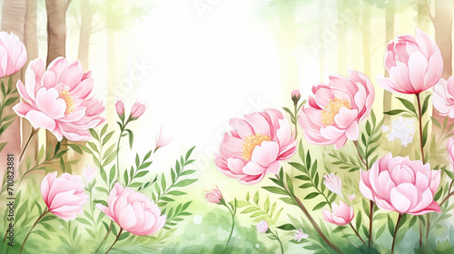 Forest and peonies, Cartoon drawing, Water color style, AI Generated © Watercolorbackground
