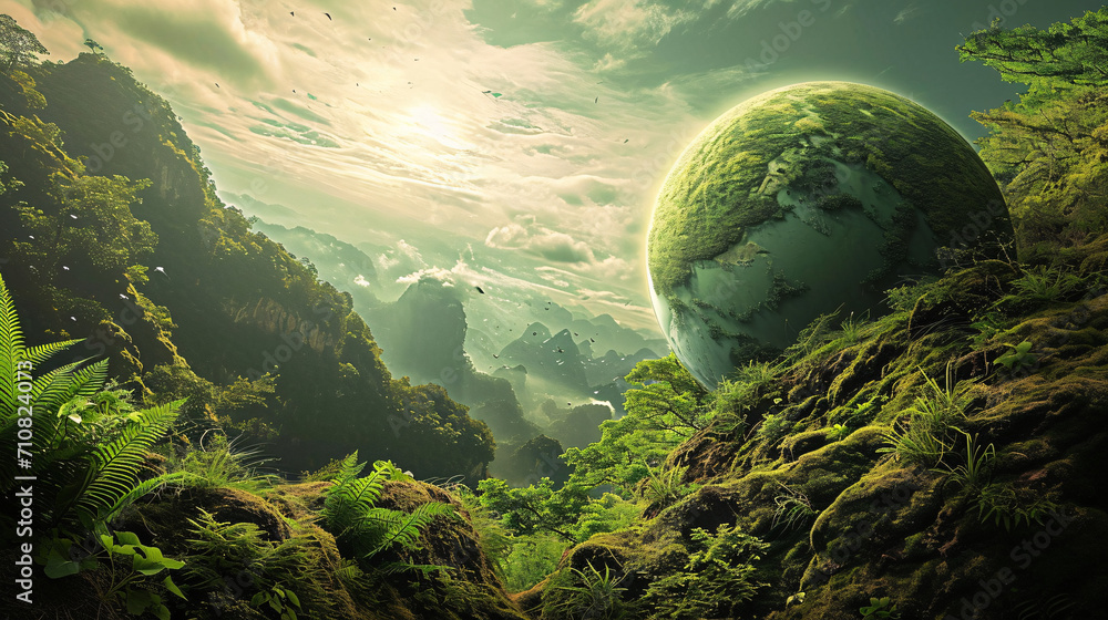 Illustration of planet earth with forest background. - obrazy, fototapety, plakaty 