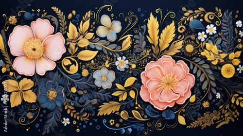  a close up of a painting of flowers and leaves on a black background with yellow  pink  and blue colors.