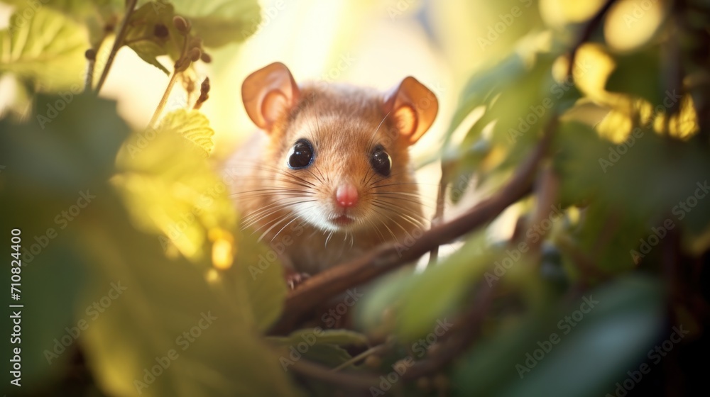 a close up of a small rodent in a tree looking at the camera with a blurry background of leaves and branches. a close up of a small rodent in a tree looking at the camera with a blurry background of leaves and branches.