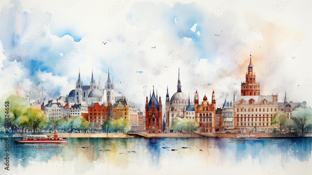 Historic Watercolor Cityscape with Landmarks, Watercolor painting of historic cityscape featuring famous landmarks, Ideal for travel guides, AI Generated