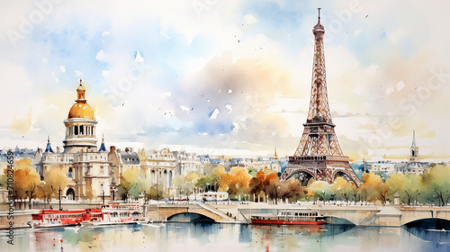 Historic Watercolor Cityscape with Landmarks, Watercolor painting of historic cityscape featuring famous landmarks, Ideal for travel guides, AI Generated