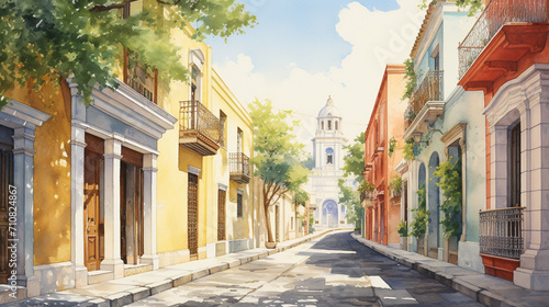 Historic Watercolor Street View, Detailed watercolor painting of charming historic street bringing to life essence of cultural heritage, Perfect for educational materials, AI Generated © Watercolorbackground