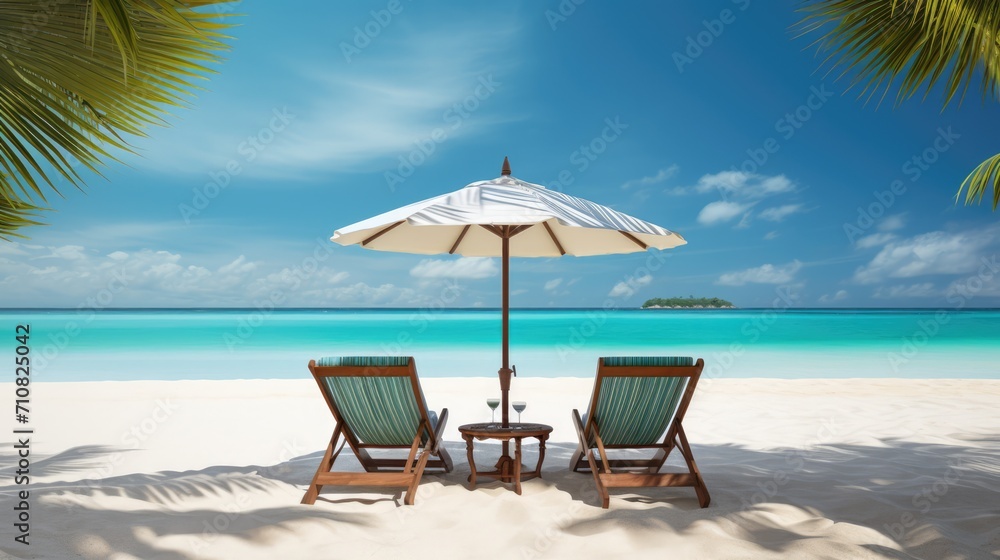 Tropical paradise with chairs and umbrella on the beach. Banner