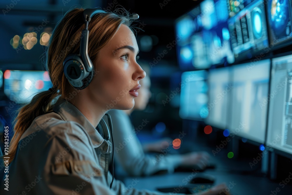 IT specialist in a monitoring control room, wearing headphones and talking on a call while immersed in computer work. IT specialist in a monitoring control room, wearing headphones and talking on a call while immersed in computer work.