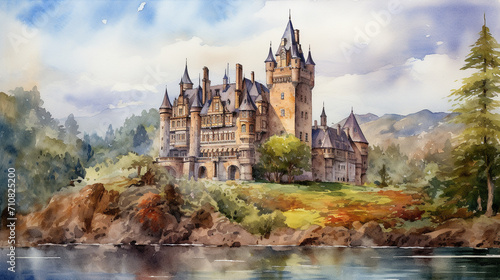 Historical Watercolor Castle Scene, Richly detailed watercolor painting of historical castle, Great for educational materials, historical fiction covers or as part of heritage art, AI Generated