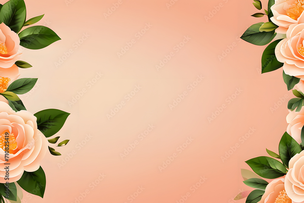 Naklejka premium Round frame made of pink and beige roses, flowers, green leaves, and branches on a Light peach background. Flat lay, top view. Valentine's background