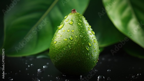  a close up of a green fruit with drops of water on it and a large green leaf in the background.