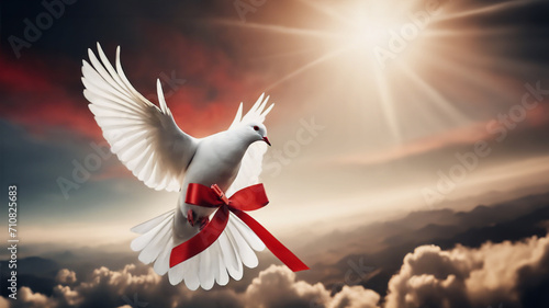 Simboli di Speranza- Colombe Bianca con Nastro Rosso in un Volo a sorvolare la terra
