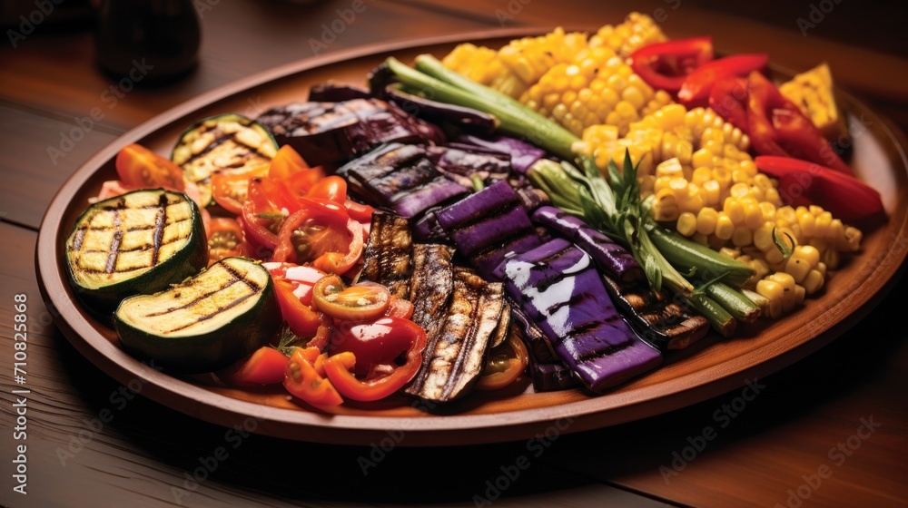  a platter of grilled vegetables and corn on the cob on a wooden table with a glass of water.