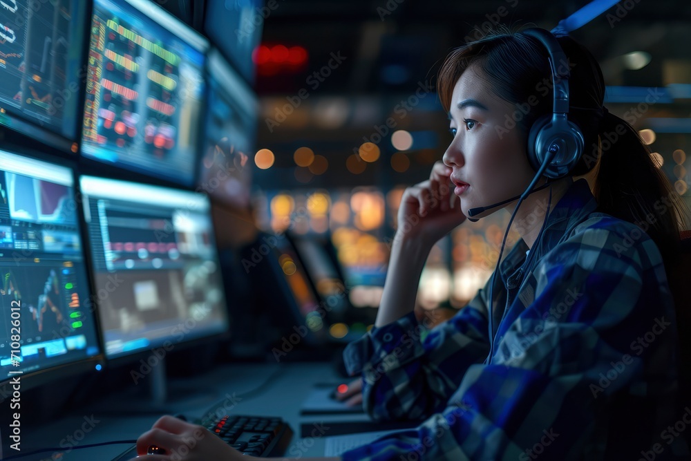 IT specialist in a monitoring control room, wearing headphones and talking on a call while immersed in computer work. IT specialist in a monitoring control room, wearing headphones and talking on a call while immersed in computer work.