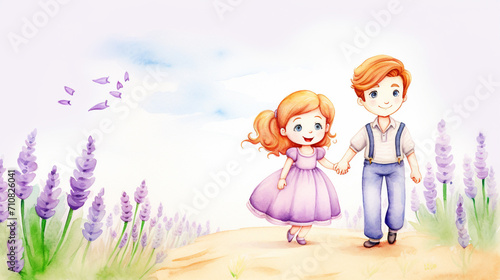 Lavender and children and roses, Cartoon drawing, Water color style, AI Generated