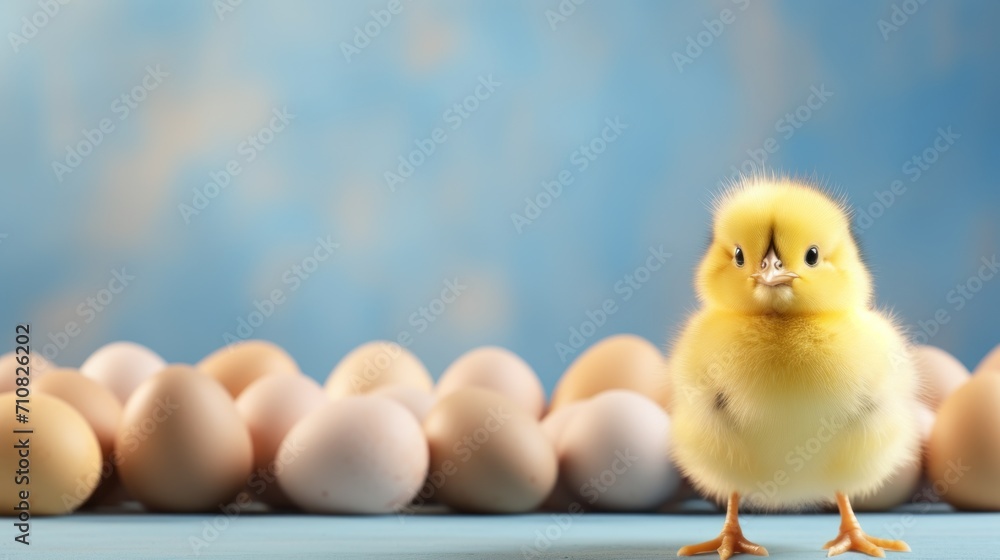  a small yellow chick standing in front of a row of eggs on a blue surface with a blue sky in the background.