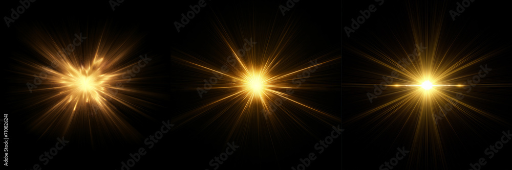 Dynamic yellow Celestial Explosion set. Black Background with Glowing golden Sunburst, Digital Lens Flare, and Color-Adjusted Light Rays