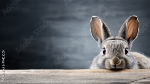  a close up of a rabbit s face on top of a wooden table with a dark gray wall in the background.
