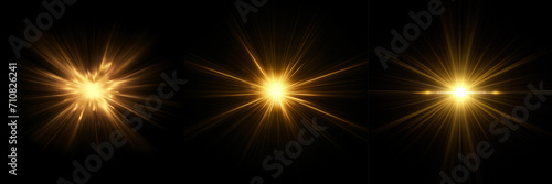Dynamic yellow Celestial Explosion set. Black Background with Glowing golden Sunburst, Digital Lens Flare, and Color-Adjusted Light Rays photo