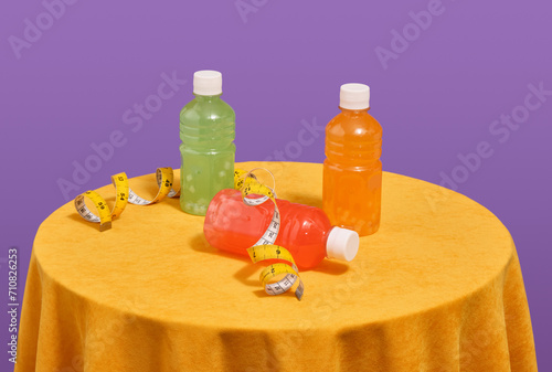 Brightly colored juices in plastic bottles and yellow measuring tape. Fitness concept.