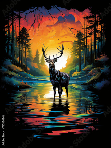 t-shirt design   deer  swims in the waters outside the cottage on the lake  in the style of graphic design-inspired illustrations created with Generative Ai