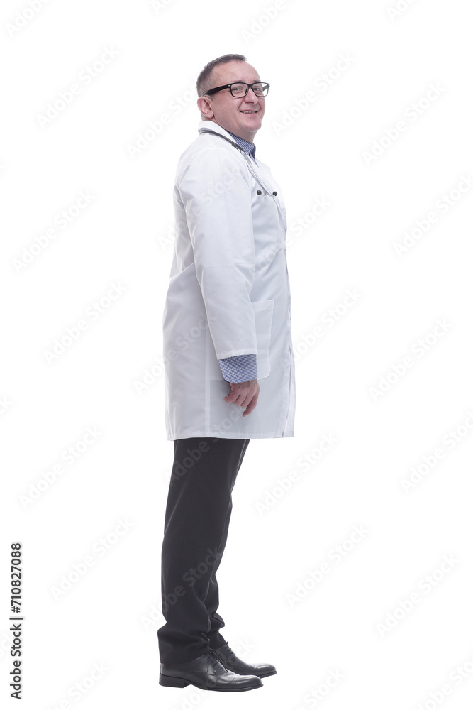 side view. smiling mature doctor looking forward side view. smiling mature doctor looking forward