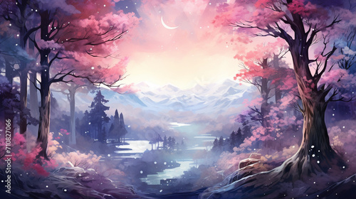 Mystical Watercolor Forest at Twilight, Enchanting forest scene at twilight in watercolors, AI Generated © Watercolorbackground