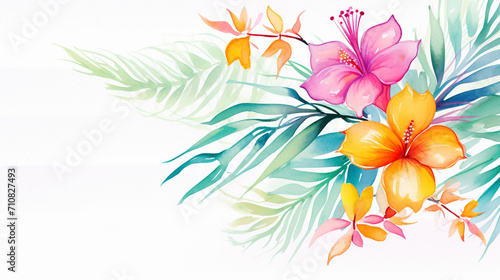 Palm Leaf and Exotic Flower Composition, Closeup of palm leaves intermixed with exotic tropical flowers, AI Generated