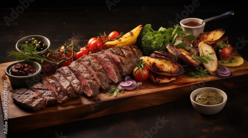  a wooden cutting board topped with meat and veggies next to a bowl of dipping sauce and a small bowl of dipping sauce.