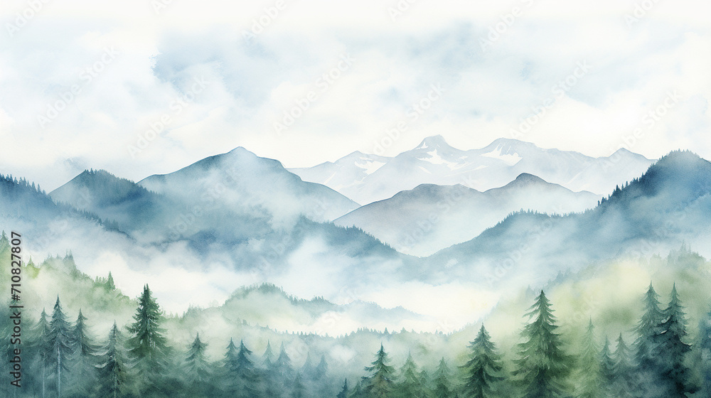 Peaceful Watercolor Mountain Landscape, Serene and majestic watercolor landscape of mountains, AI Generated