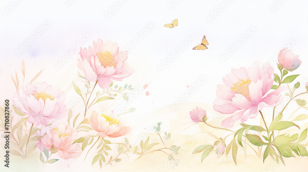 Peonies and autumn scenes, Cartoon drawing, Water color style, AI Generated
