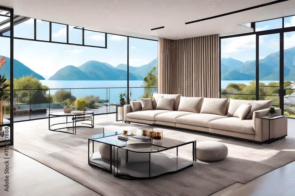 Modern living room with a view of the sea with mountains. Modern living room with a view of the sea with mountains.